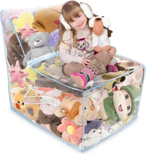 Blue Clear Stuffed Animal Storage Bean Bag Chair for Kids, Large Zipper Cover With Handle, Creative Plush Toys Storage, Tidy Room