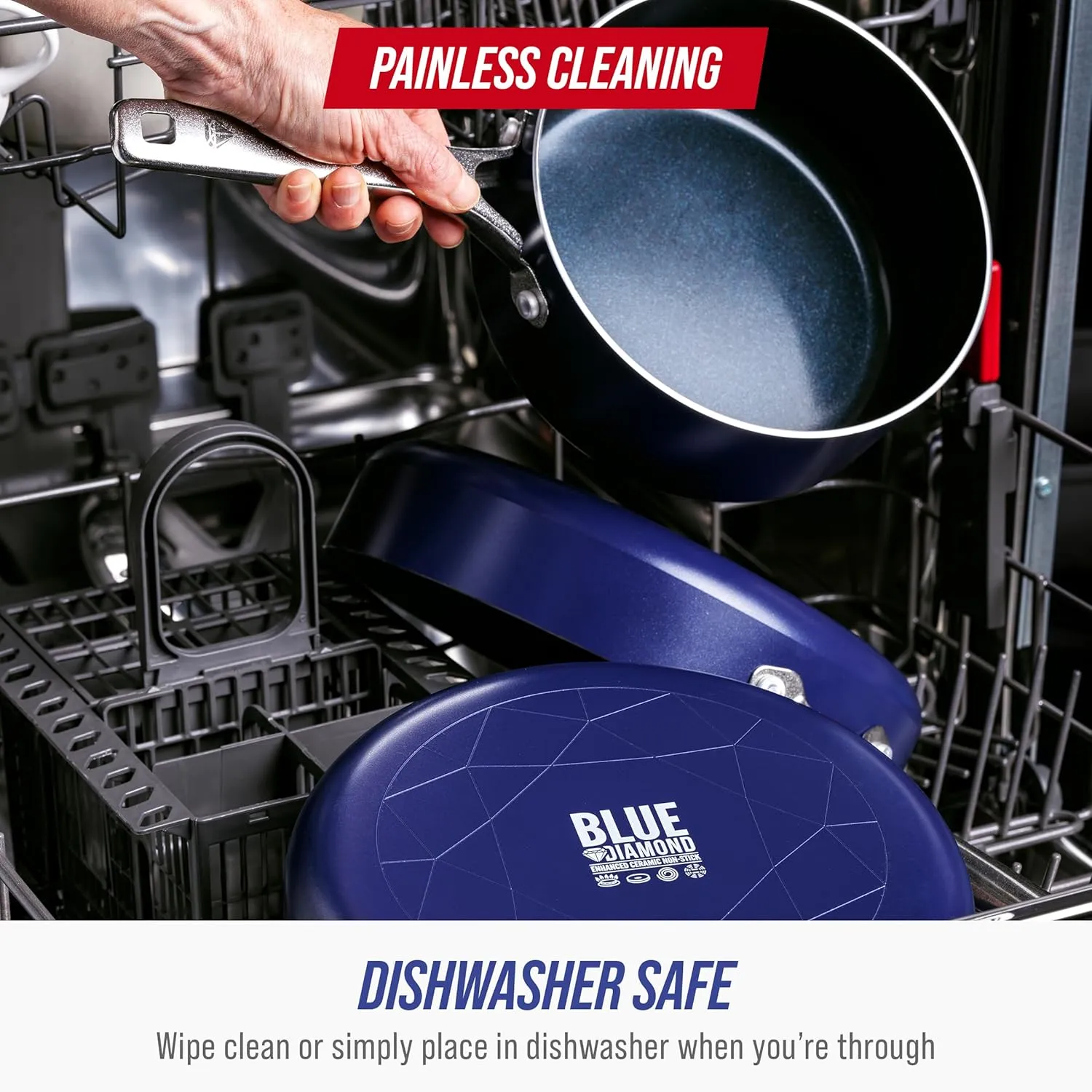 Blue Diamond 14 Piece Nonstick Cookware Set, Diamond Ceramic Pots & Pans, Dishwasher & Metal Utensil Safe, Non Toxic PFAS-Free, Kitchen Cooking Sauce & Saute Pans, Oven & Broiler to 600F, Blue