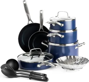 Blue Diamond 14 Piece Nonstick Cookware Set, Diamond Ceramic Pots & Pans, Dishwasher & Metal Utensil Safe, Non Toxic PFAS-Free, Kitchen Cooking Sauce & Saute Pans, Oven & Broiler to 600F, Blue