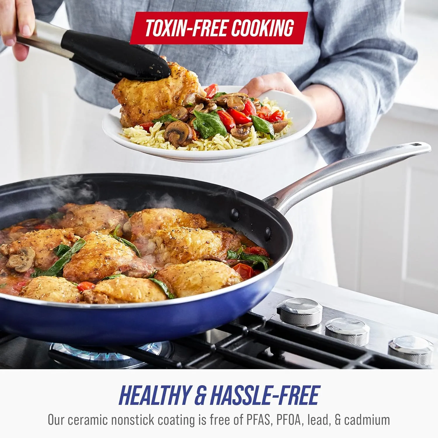 Blue Diamond 14 Piece Nonstick Cookware Set, Diamond Ceramic Pots & Pans, Dishwasher & Metal Utensil Safe, Non Toxic PFAS-Free, Kitchen Cooking Sauce & Saute Pans, Oven & Broiler to 600F, Blue