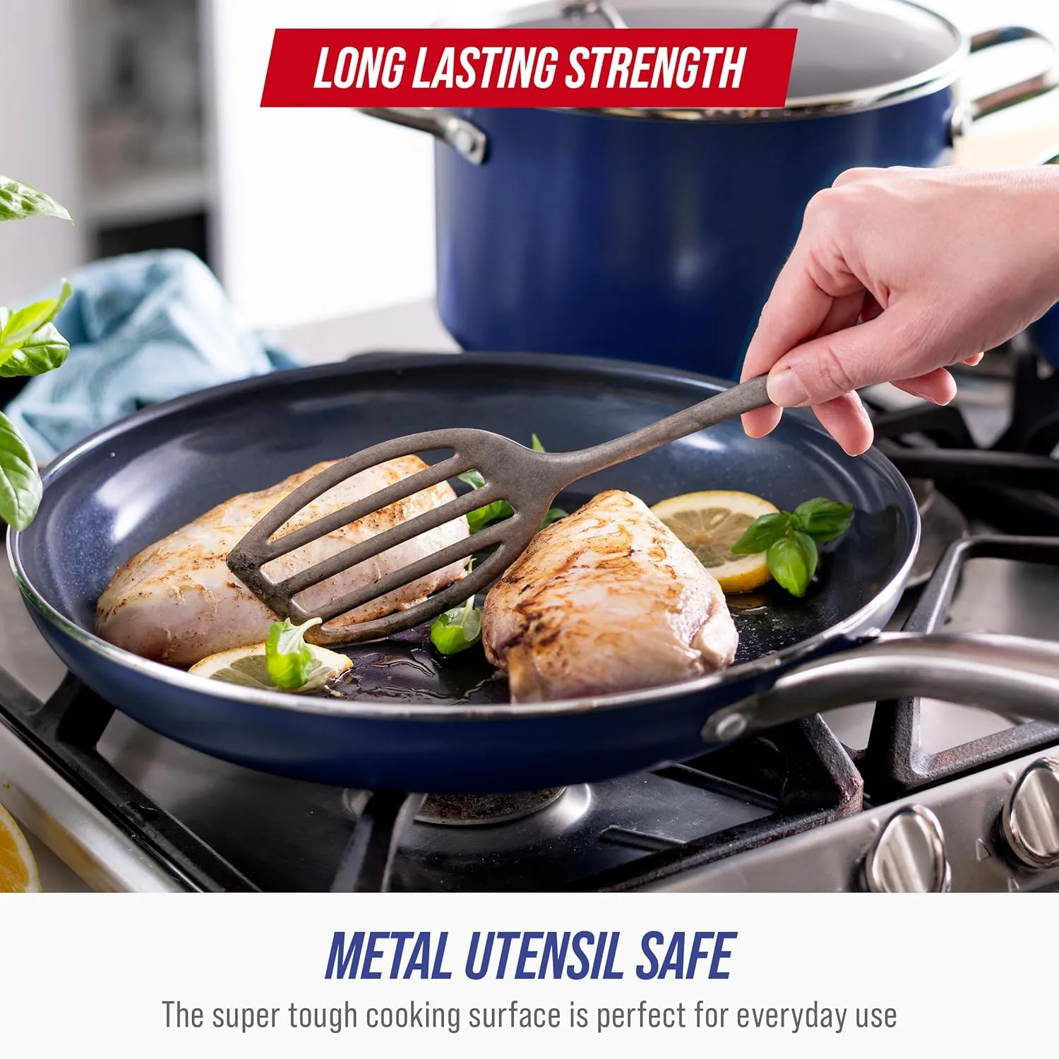 Blue Diamond 14 Piece Nonstick Cookware Set, Diamond Ceramic Pots & Pans, Dishwasher & Metal Utensil Safe, Non Toxic PFAS-Free, Kitchen Cooking Sauce & Saute Pans, Oven & Broiler to 600F, Blue