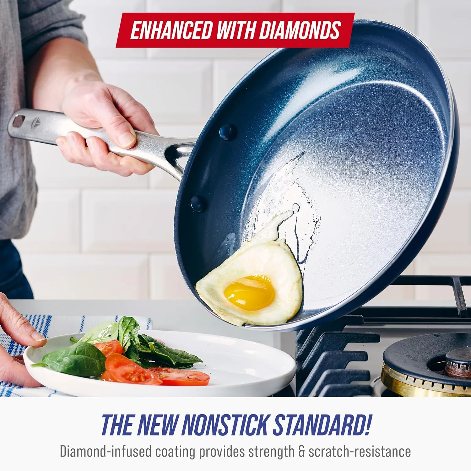 Blue Diamond 14 Piece Nonstick Cookware Set, Diamond Ceramic Pots & Pans, Dishwasher & Metal Utensil Safe, Non Toxic PFAS-Free, Kitchen Cooking Sauce & Saute Pans, Oven & Broiler to 600F, Blue