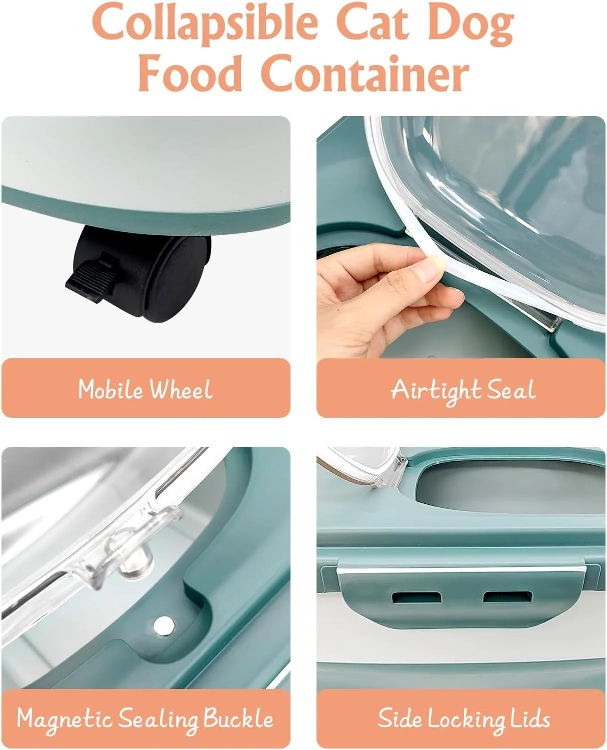 BNOSDM 15-20 Lbs Collapsible Pet Food Storage Containers for Dog Foods Container with Folding Bowl, Measuring Cup, Scoop & Wheels Foldable Airtight Cat Dry Feed Dispenser Bins Kitchen