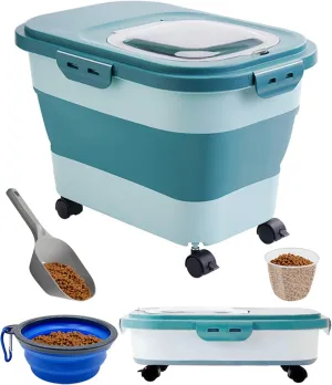 BNOSDM 15-20 Lbs Collapsible Pet Food Storage Containers for Dog Foods Container with Folding Bowl, Measuring Cup, Scoop & Wheels Foldable Airtight Cat Dry Feed Dispenser Bins Kitchen