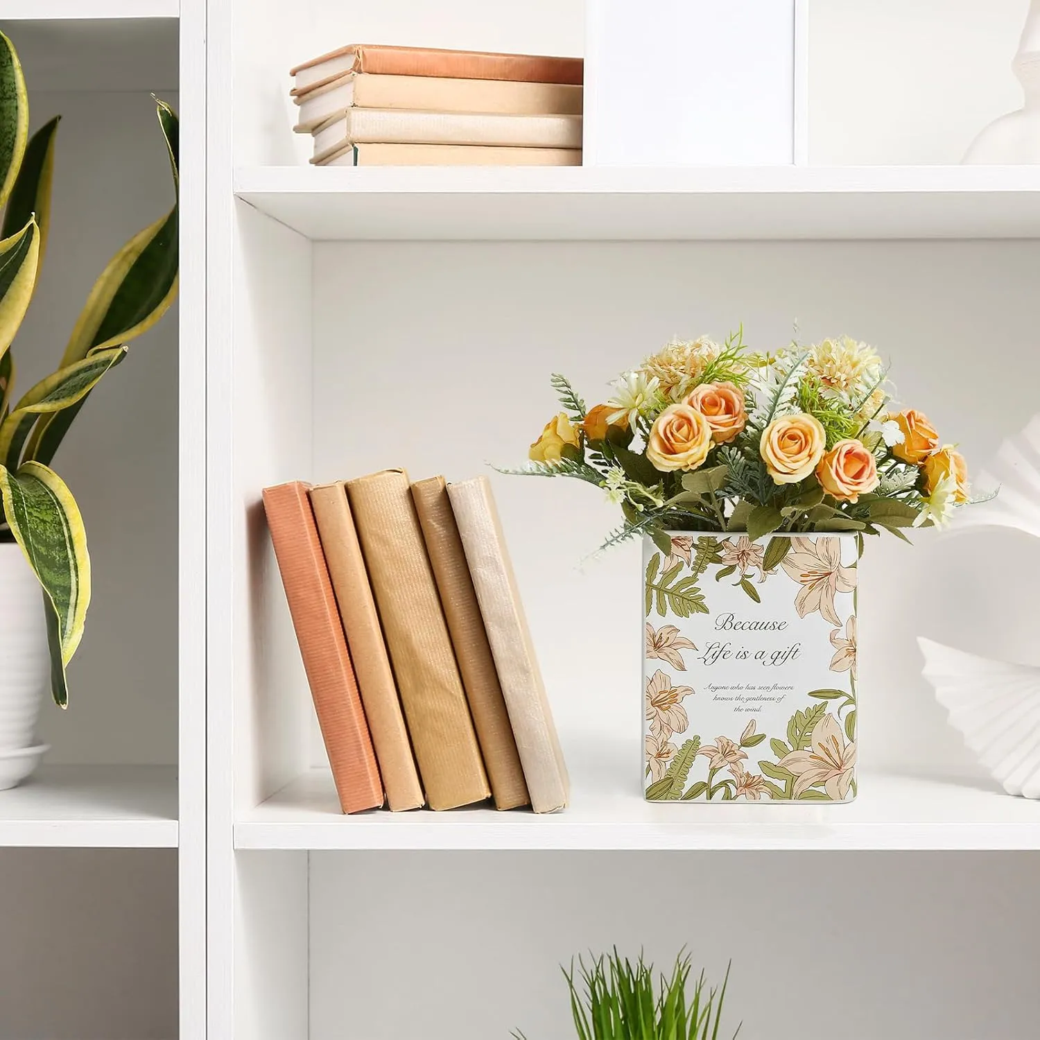 Book Vase for Flowers, Book Lovers Gifts, Cute Unique Shaped Ceramic Vase for Home Decor, Bookshelf, Office, Desk, Bookcase (Large - Lily)