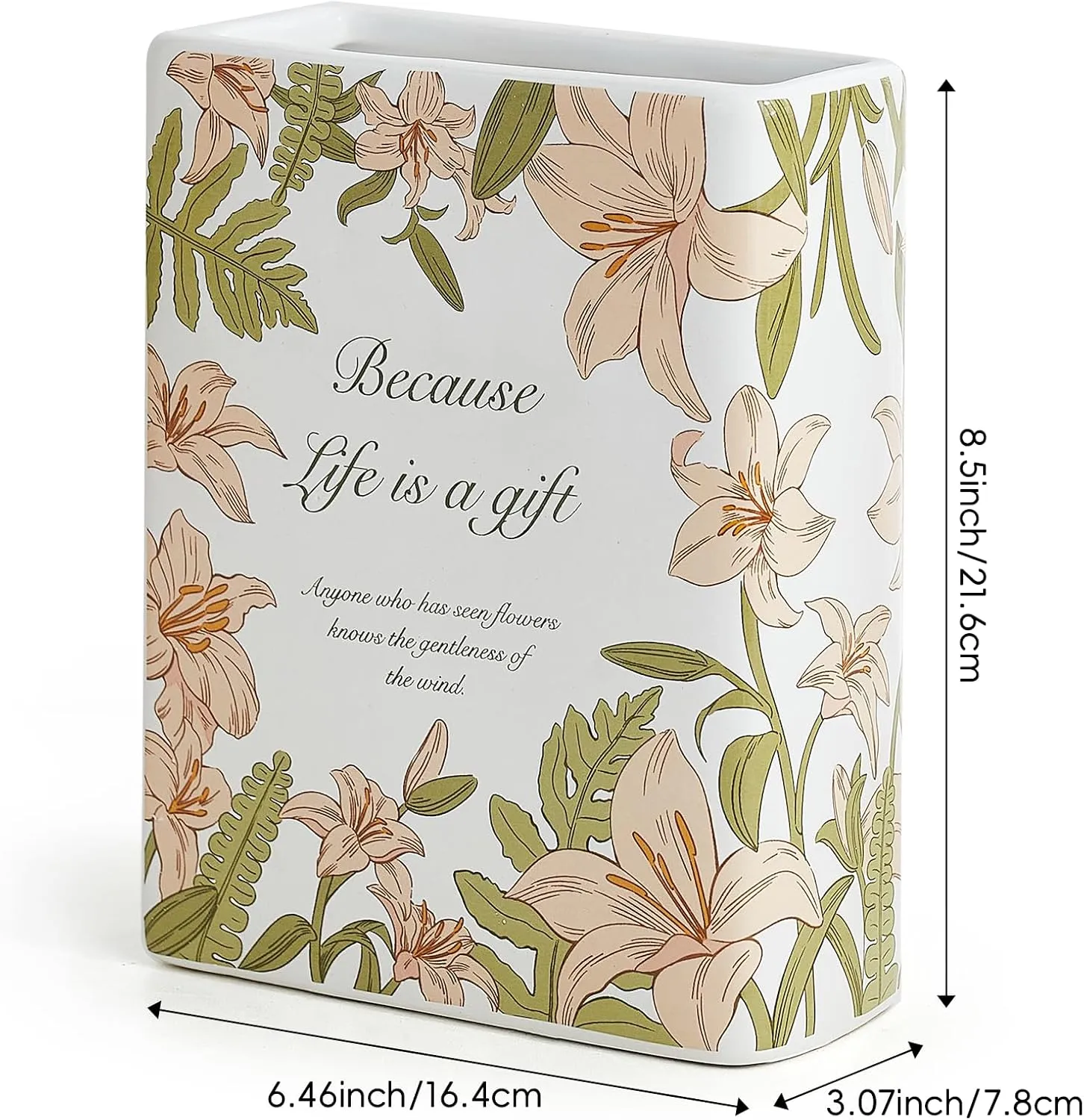 Book Vase for Flowers, Book Lovers Gifts, Cute Unique Shaped Ceramic Vase for Home Decor, Bookshelf, Office, Desk, Bookcase (Large - Lily)