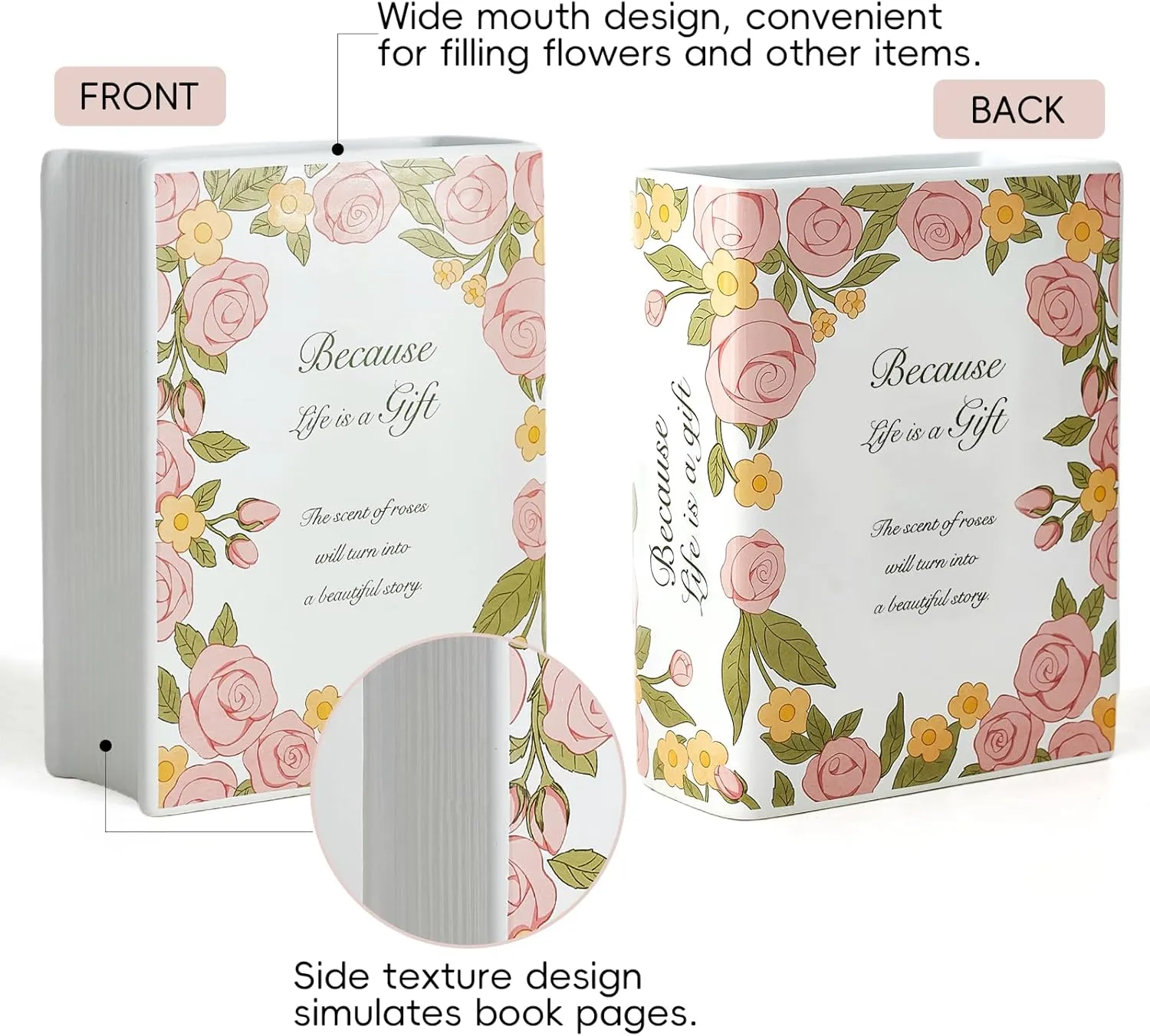 Book Vase for Flowers, Book Lovers Gifts, Cute Unique Shaped Ceramic Vase for Home Decor, Bookshelf, Office, Desk, Bookcase (Large - Rose)