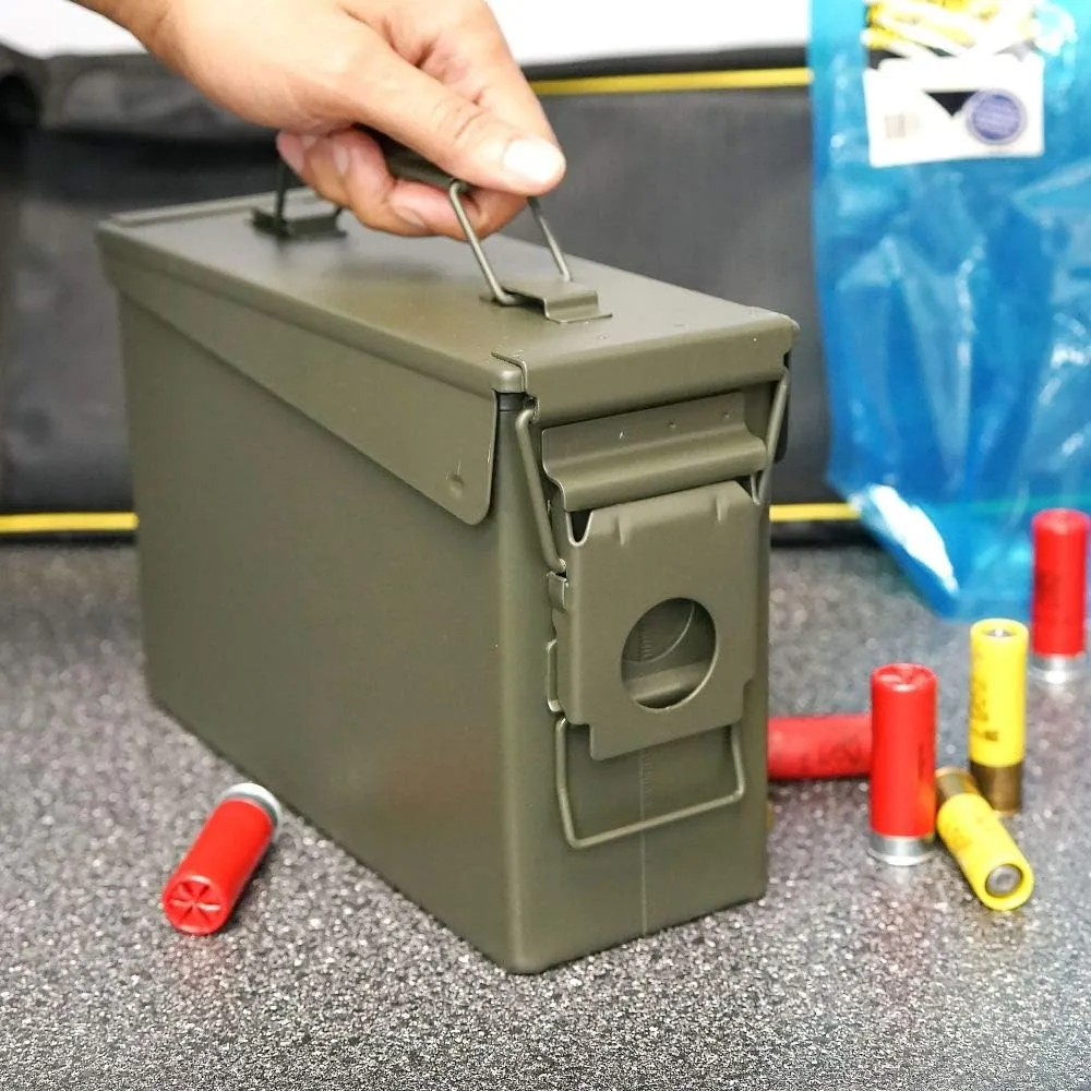BOOMSTICK Ammo Storage Box, Lockable Ammo Can, Stackable Ammo Container for Shotgun & Pistol Ammunition, Water Resistant Metal Ammo Storage Box