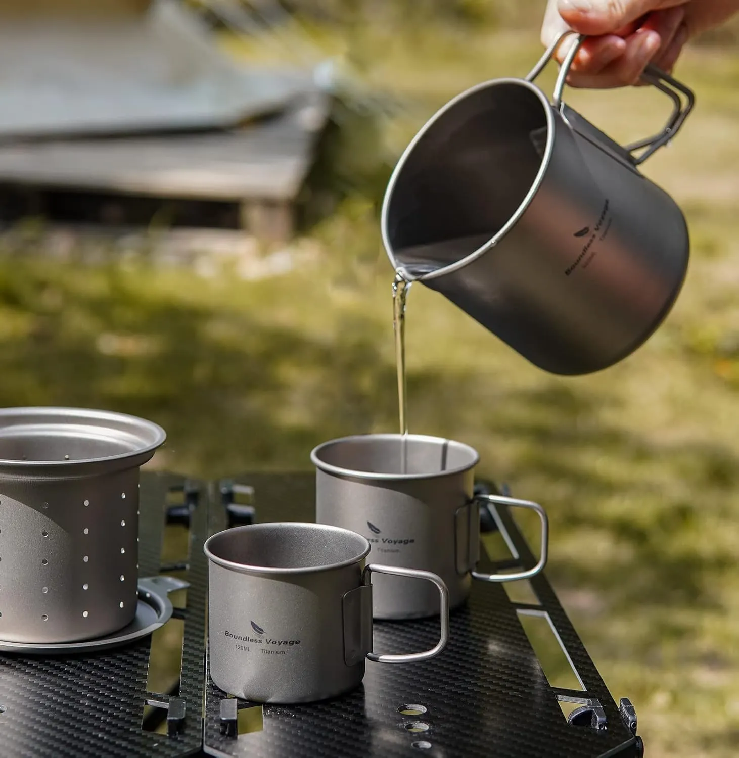 Boundless Voyage Titanium 500ml Mug with Lid and Strainer Filter Ultralight Tea Cup with Partable Foldable Handles for Outdoor Camping Hiking Backpacking (3 Cups Set)