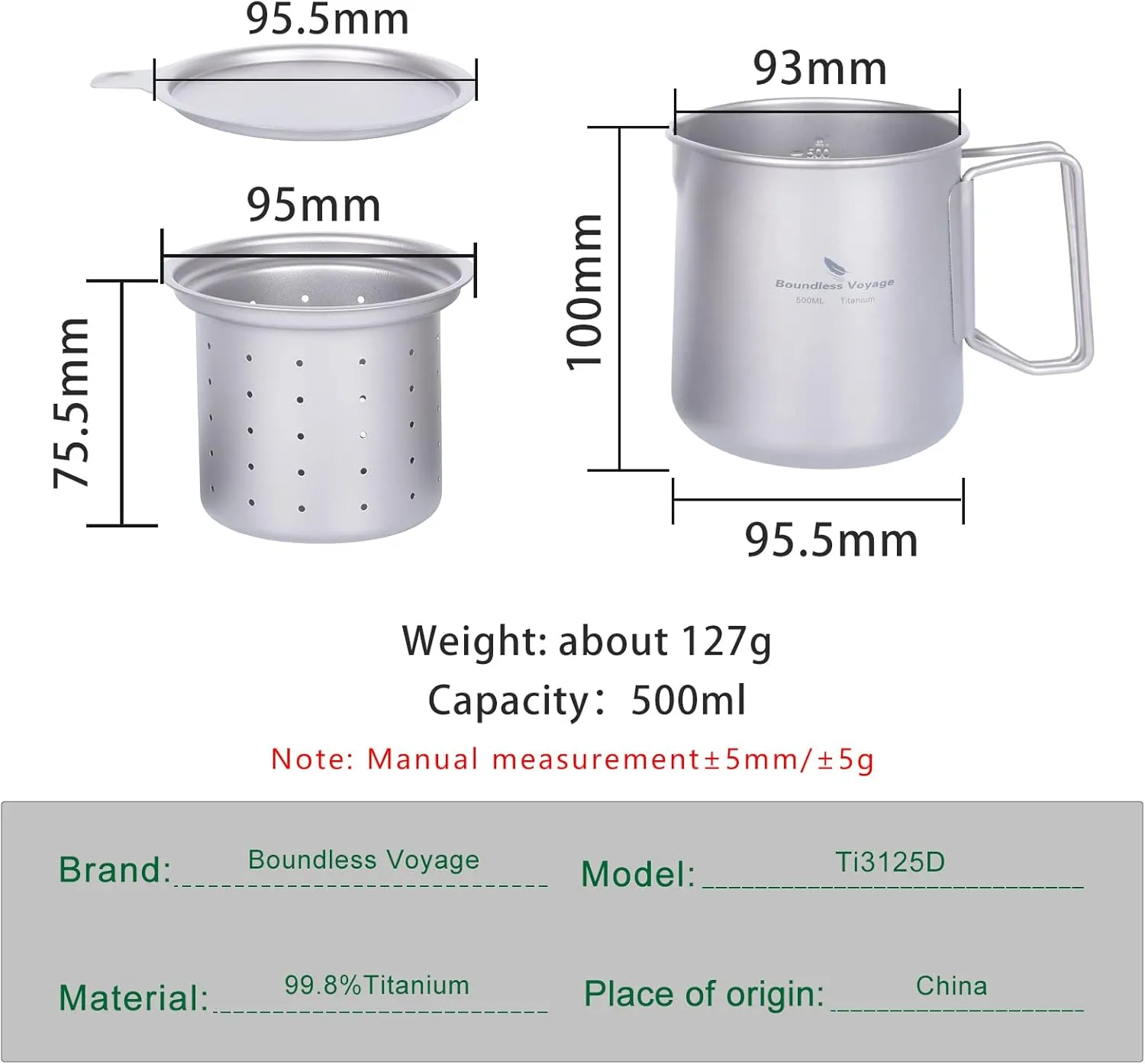 Boundless Voyage Titanium 500ml Mug with Lid and Strainer Filter Ultralight Tea Cup with Partable Foldable Handles for Outdoor Camping Hiking Backpacking (500ml Cup)