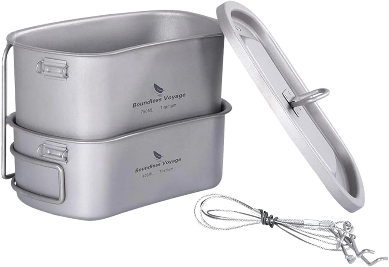 Boundless Voyage Titanium Canteen Mess Kit with Lid and Folding Handle Ultralight Portable Bowl Pot Cup Mug for Outdoor Camping Hiking Backpacking