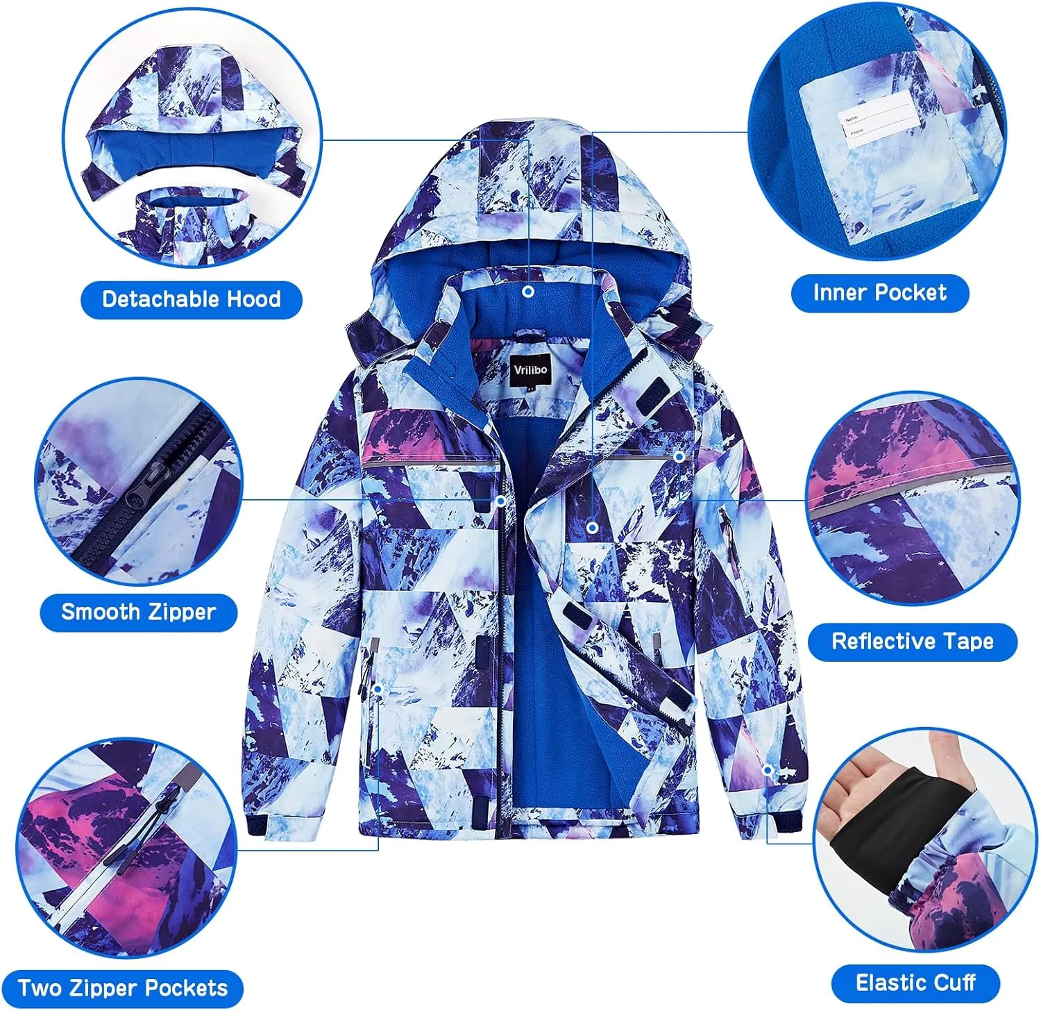 Boys Waterproof Ski Jacket Fleece Three Layers Thick Warm Kid Outdoor Winter Snow Coat Hooded Kids Raincoat