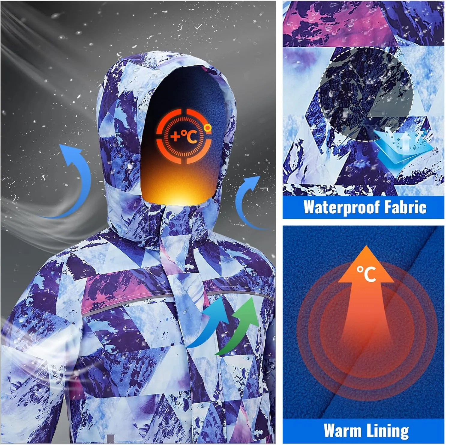 Boys Waterproof Ski Jacket Fleece Three Layers Thick Warm Kid Outdoor Winter Snow Coat Hooded Kids Raincoat
