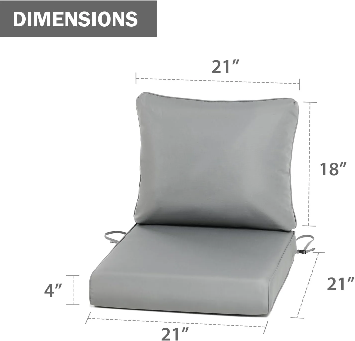BPS 21x21 Inch Outdoor Deep Seat Cushions Set- Water Resistant with Adjustable Straps & Handles for Patio, Deck, or Garden, Gray, Set of 2