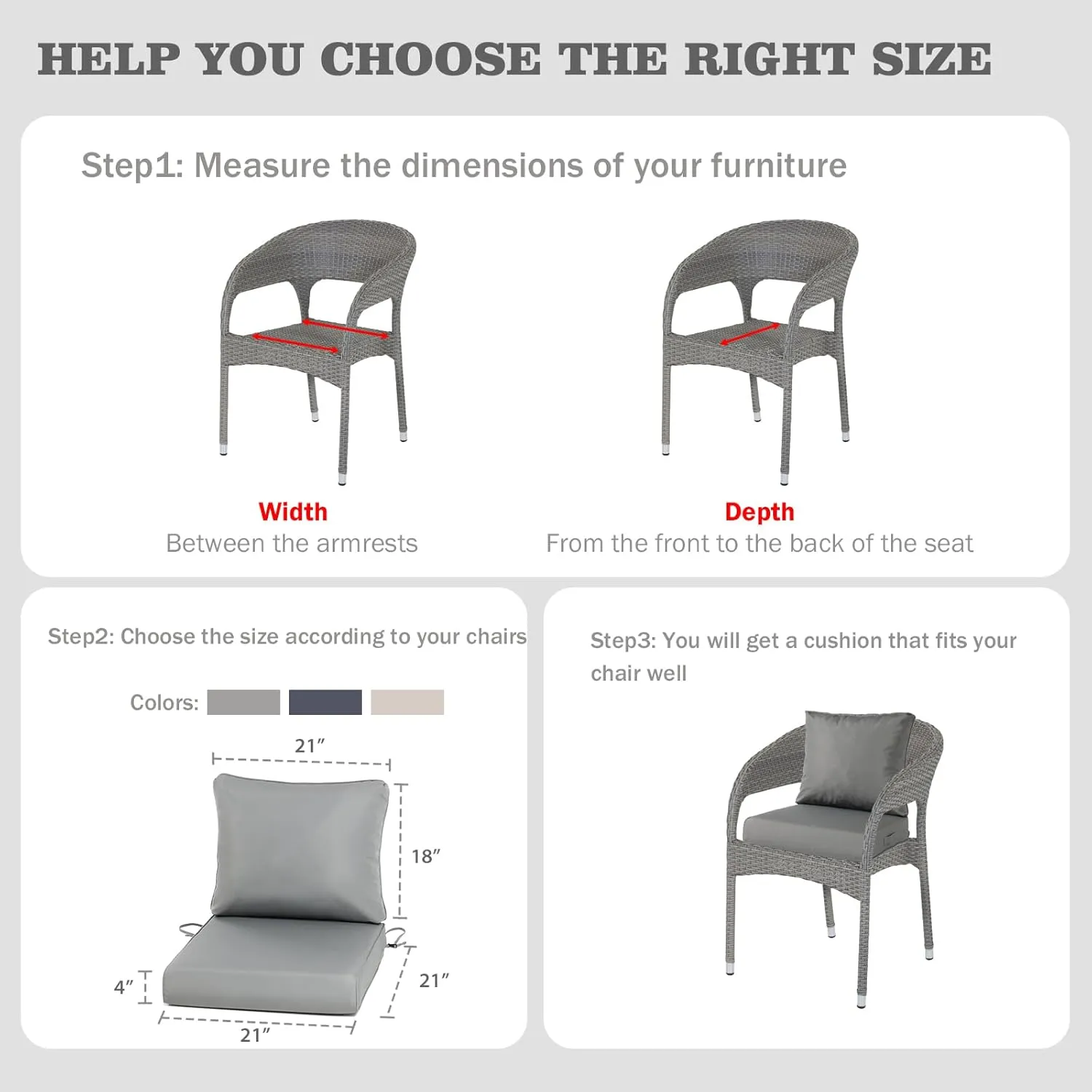 BPS 21x21 Inch Outdoor Deep Seat Cushions Set- Water Resistant with Adjustable Straps & Handles for Patio, Deck, or Garden, Gray, Set of 2