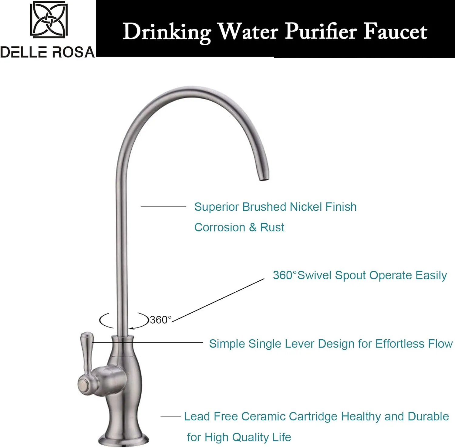 Brass Water Filter Faucet Delle Rosa Commercial Water Filtration Faucet for Under Sink Water Filter System Modern Brushed Nickel Kitchen Bar Sink Drinking Water Faucet