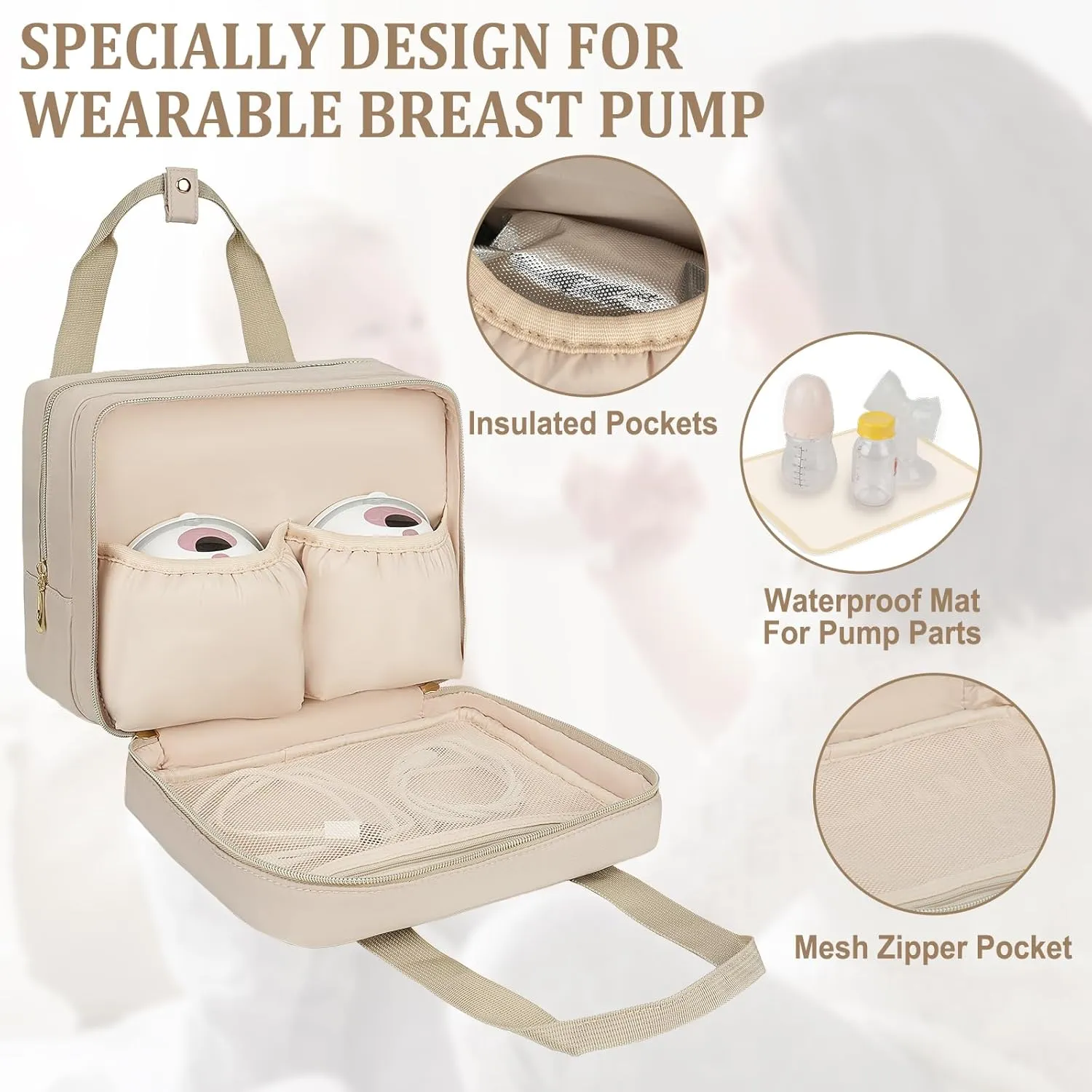 Breastmilk Cooler Travel Bag, Wearable Breast Pump Storage Bag Compatible with Momcozy/Medela/Elvie/Willow Breast Pump with Ice Pack and Waterproof Mat,Khaki