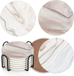 Britimes Coaster for Drinks Set of 6, Vintage Nature Pink Marble Absorbent Round Ceramic Stone Mat, with Cork Base and Metal Holder, Gift for Housewarming Room Bar Decor