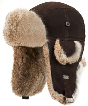 Brown Suede Leather Rabbit Fur Aviator Hat