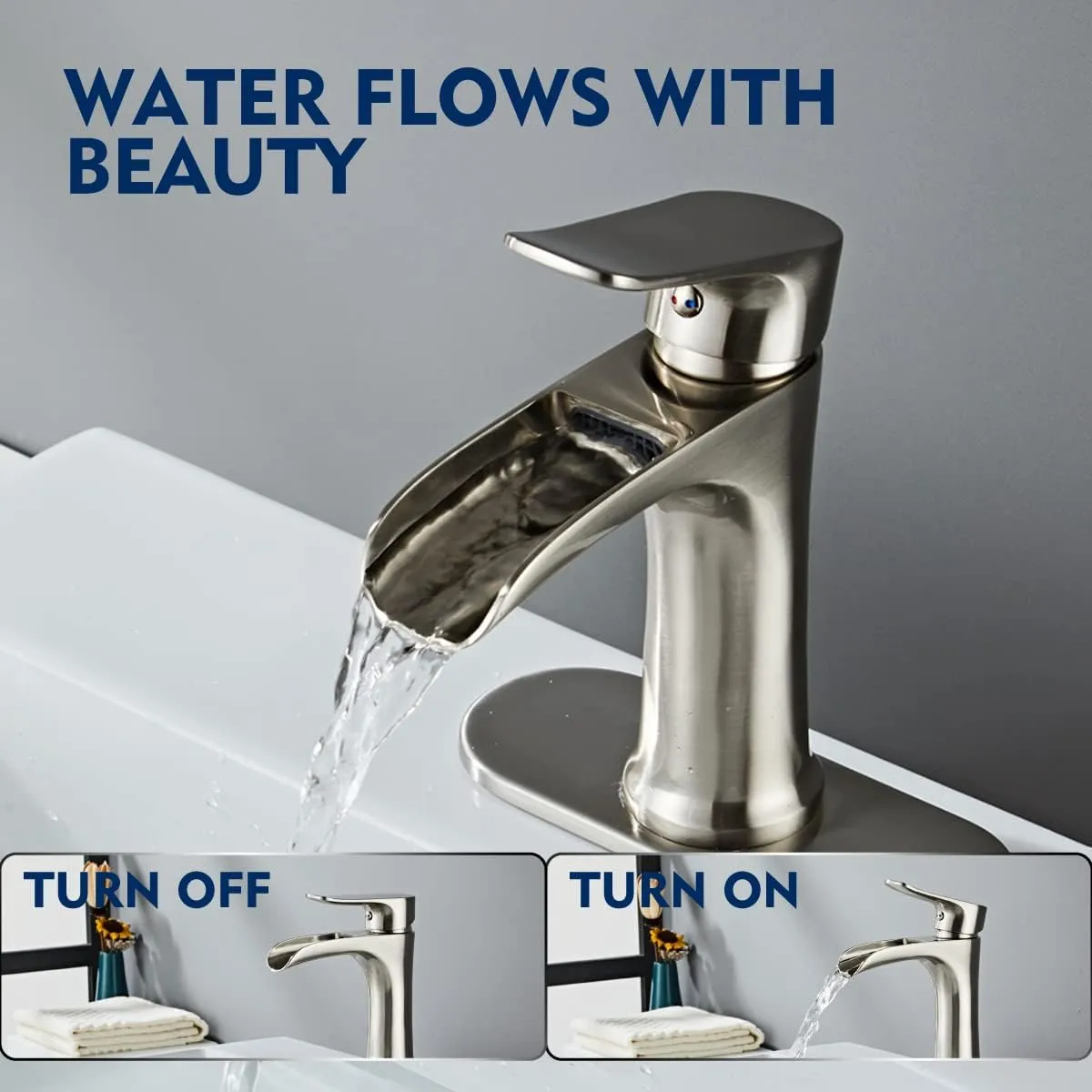 Brushed Nickel Bathroom Faucet，Yundoom Waterfall Bathroom Faucet With Pop Up Drain，Bathroom Sink Faucet Brushed Nickel One Hole Or Three Holes，Bathroom Faucets Brushed Nickel，Faucet For Bathroom Sink