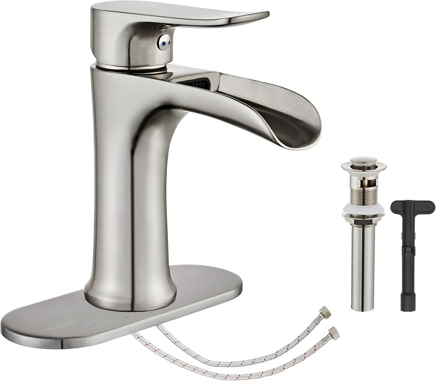 Brushed Nickel Bathroom Faucet，Yundoom Waterfall Bathroom Faucet With Pop Up Drain，Bathroom Sink Faucet Brushed Nickel One Hole Or Three Holes，Bathroom Faucets Brushed Nickel，Faucet For Bathroom Sink