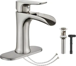 Brushed Nickel Bathroom Faucet，Yundoom Waterfall Bathroom Faucet With Pop Up Drain，Bathroom Sink Faucet Brushed Nickel One Hole Or Three Holes，Bathroom Faucets Brushed Nickel，Faucet For Bathroom Sink