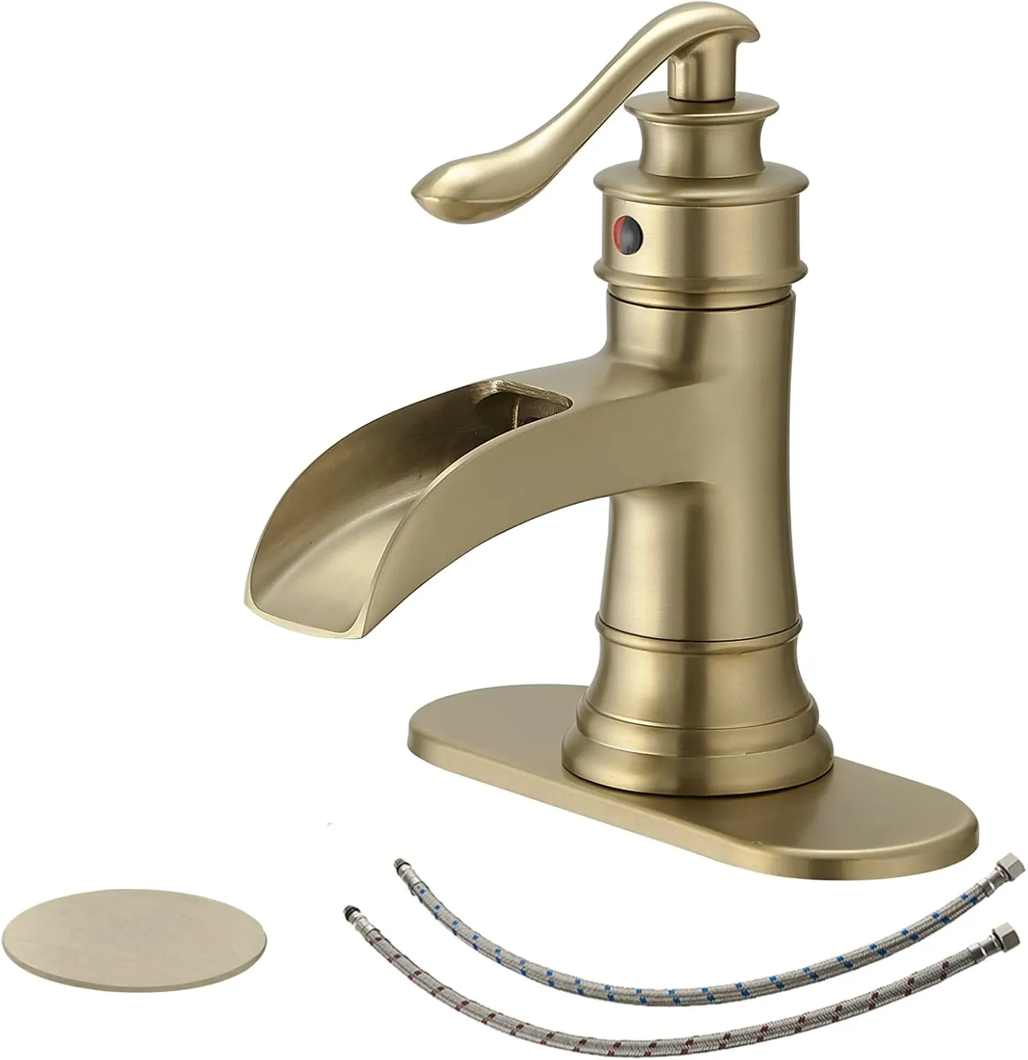 BWE Brushed Gold Bathroom Faucet Waterfall Single Handle One Hole Bathroom Sink Faucet Deck Mount Lavatory Commercial with Pop Up Drain Assembly and Deck Plate Mixer Tap