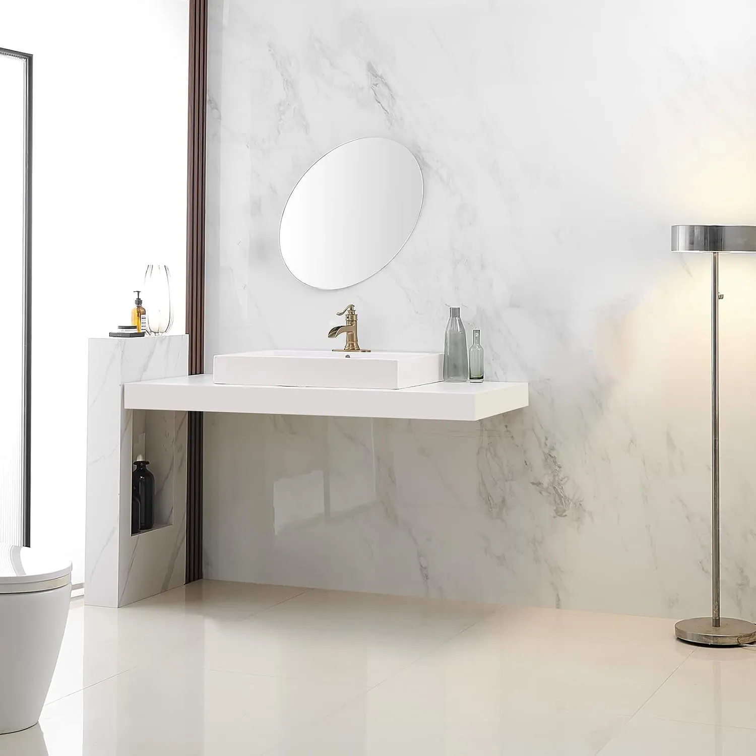 BWE Brushed Gold Bathroom Faucet Waterfall Single Handle One Hole Bathroom Sink Faucet Deck Mount Lavatory Commercial with Pop Up Drain Assembly and Deck Plate Mixer Tap