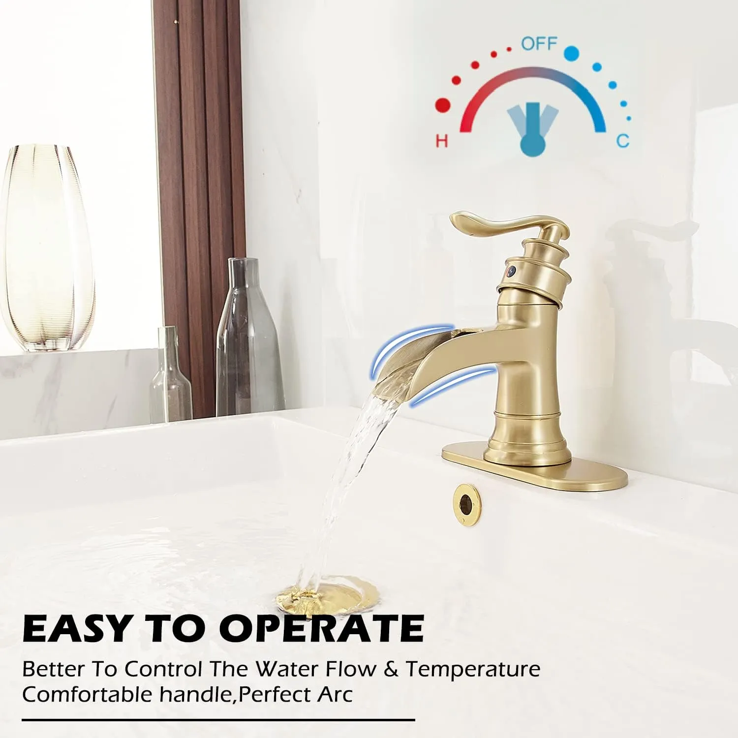 BWE Brushed Gold Bathroom Faucet Waterfall Single Handle One Hole Bathroom Sink Faucet Deck Mount Lavatory Commercial with Pop Up Drain Assembly and Deck Plate Mixer Tap