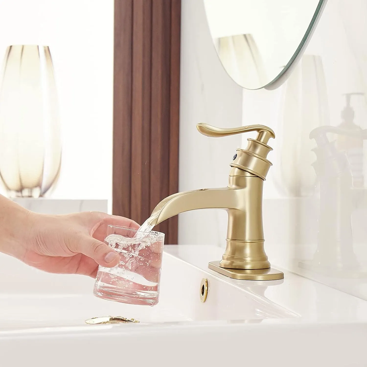 BWE Brushed Gold Bathroom Faucet Waterfall Single Handle One Hole Bathroom Sink Faucet Deck Mount Lavatory Commercial with Pop Up Drain Assembly and Deck Plate Mixer Tap
