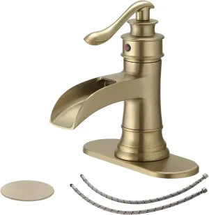 BWE Brushed Gold Bathroom Faucet Waterfall Single Handle One Hole Bathroom Sink Faucet Deck Mount Lavatory Commercial with Pop Up Drain Assembly and Deck Plate Mixer Tap