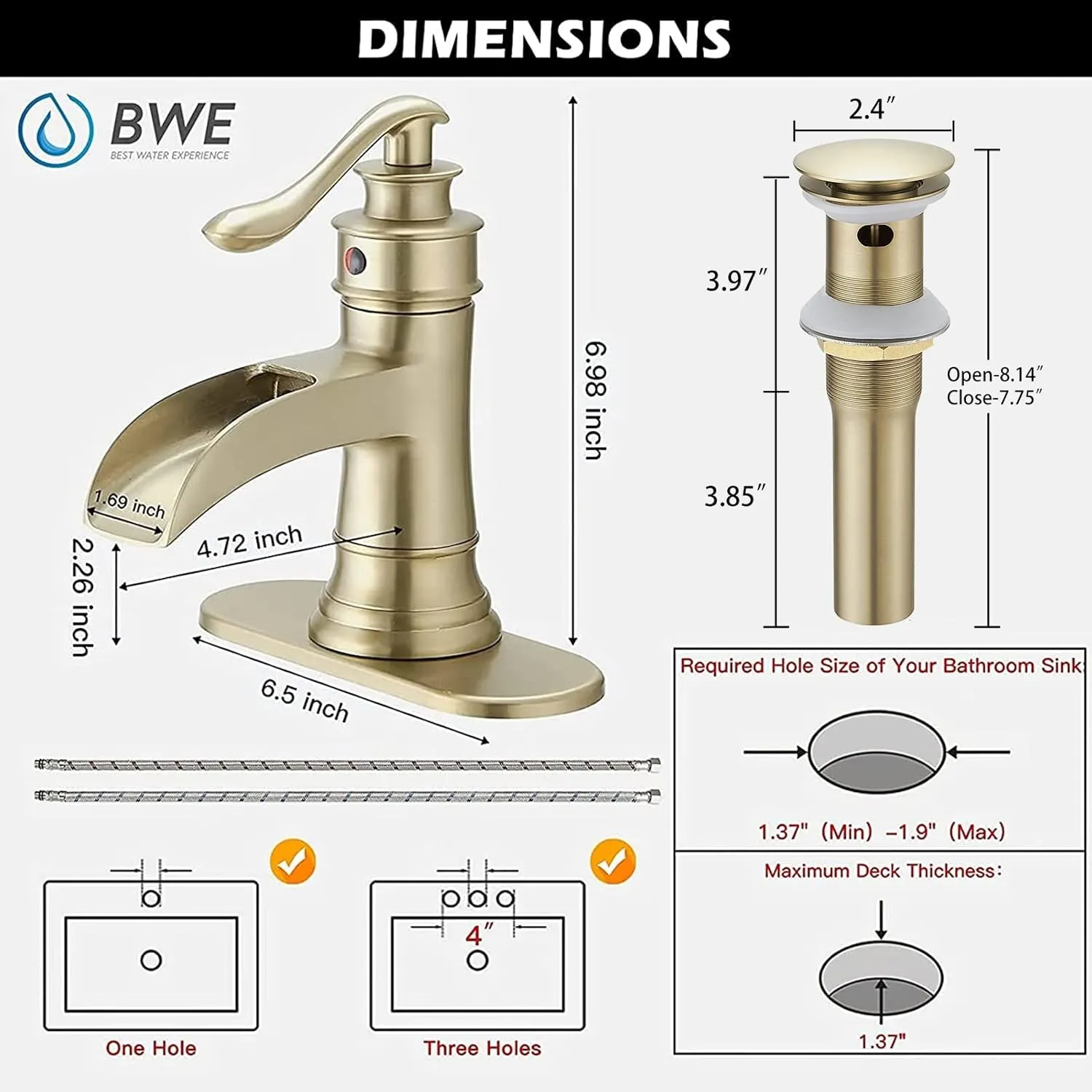 BWE Brushed Gold Bathroom Faucet Waterfall Single Handle One Hole Bathroom Sink Faucet Deck Mount Lavatory Commercial with Pop Up Drain Assembly and Deck Plate Mixer Tap
