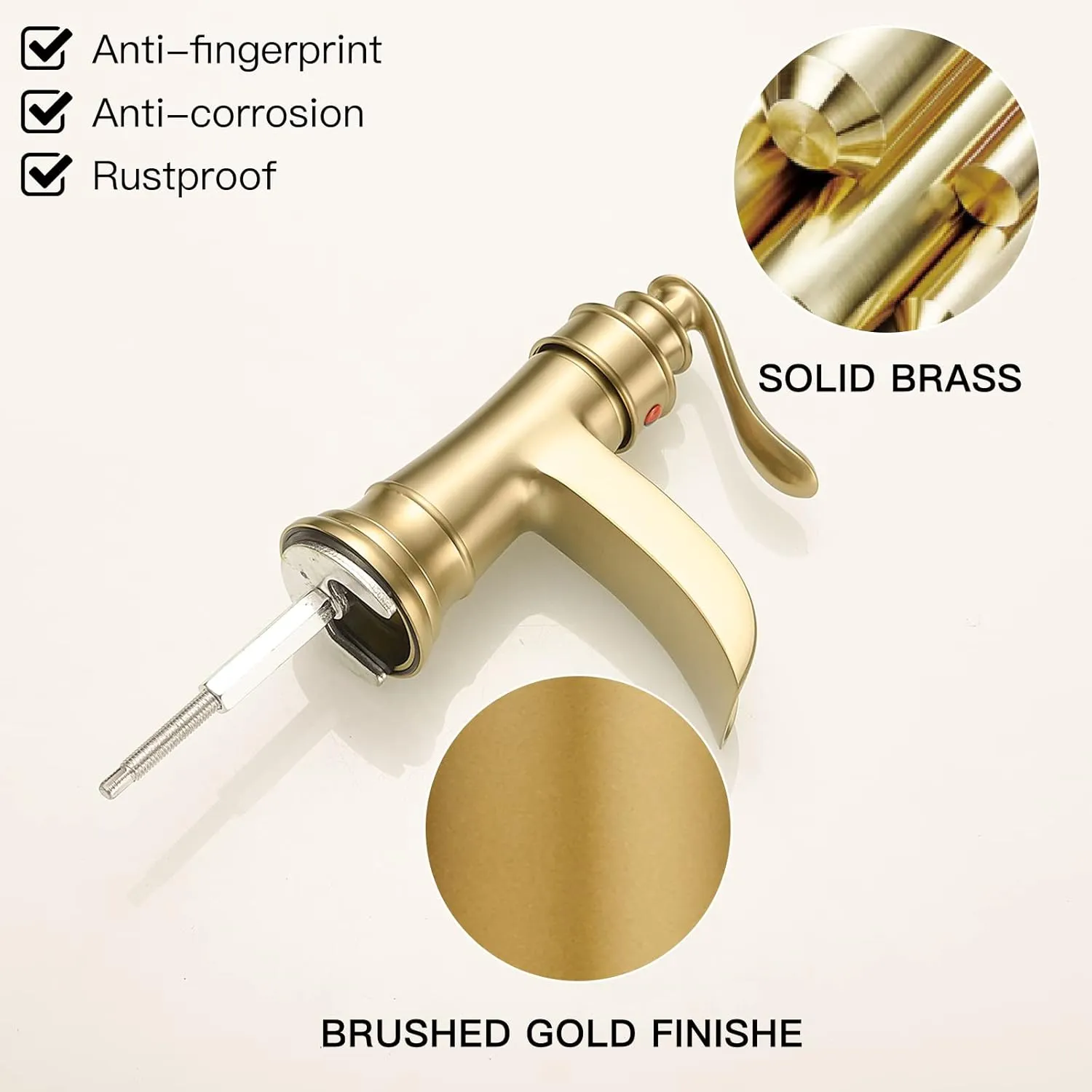BWE Brushed Gold Bathroom Faucet Waterfall Single Handle One Hole Bathroom Sink Faucet Deck Mount Lavatory Commercial with Pop Up Drain Assembly and Deck Plate Mixer Tap