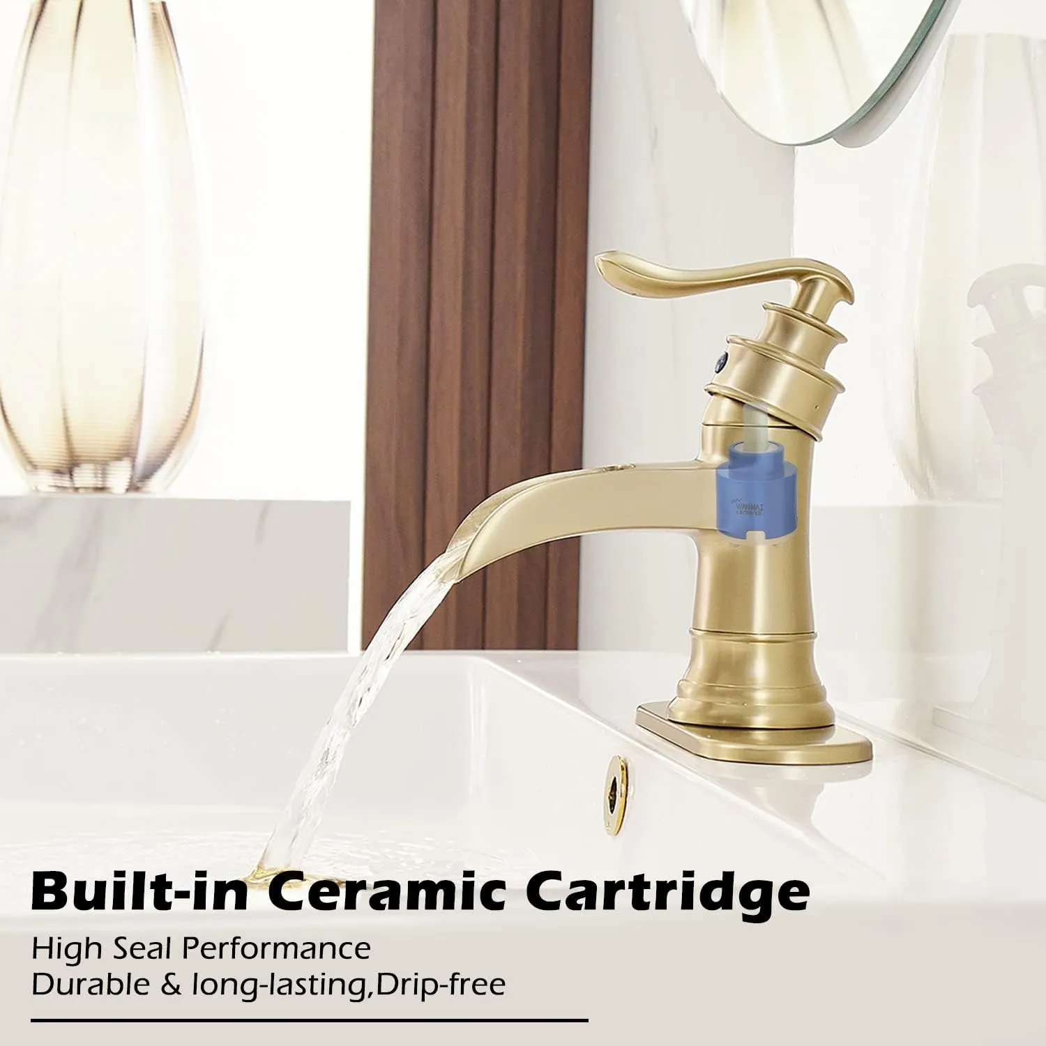 BWE Brushed Gold Bathroom Faucet Waterfall Single Handle One Hole Bathroom Sink Faucet Deck Mount Lavatory Commercial with Pop Up Drain Assembly and Deck Plate Mixer Tap