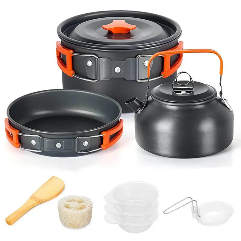 Camping Cookware Set – Non-Stick Pots, Pan & Teapot for 2-3 People, Assorted Set for Hunting
