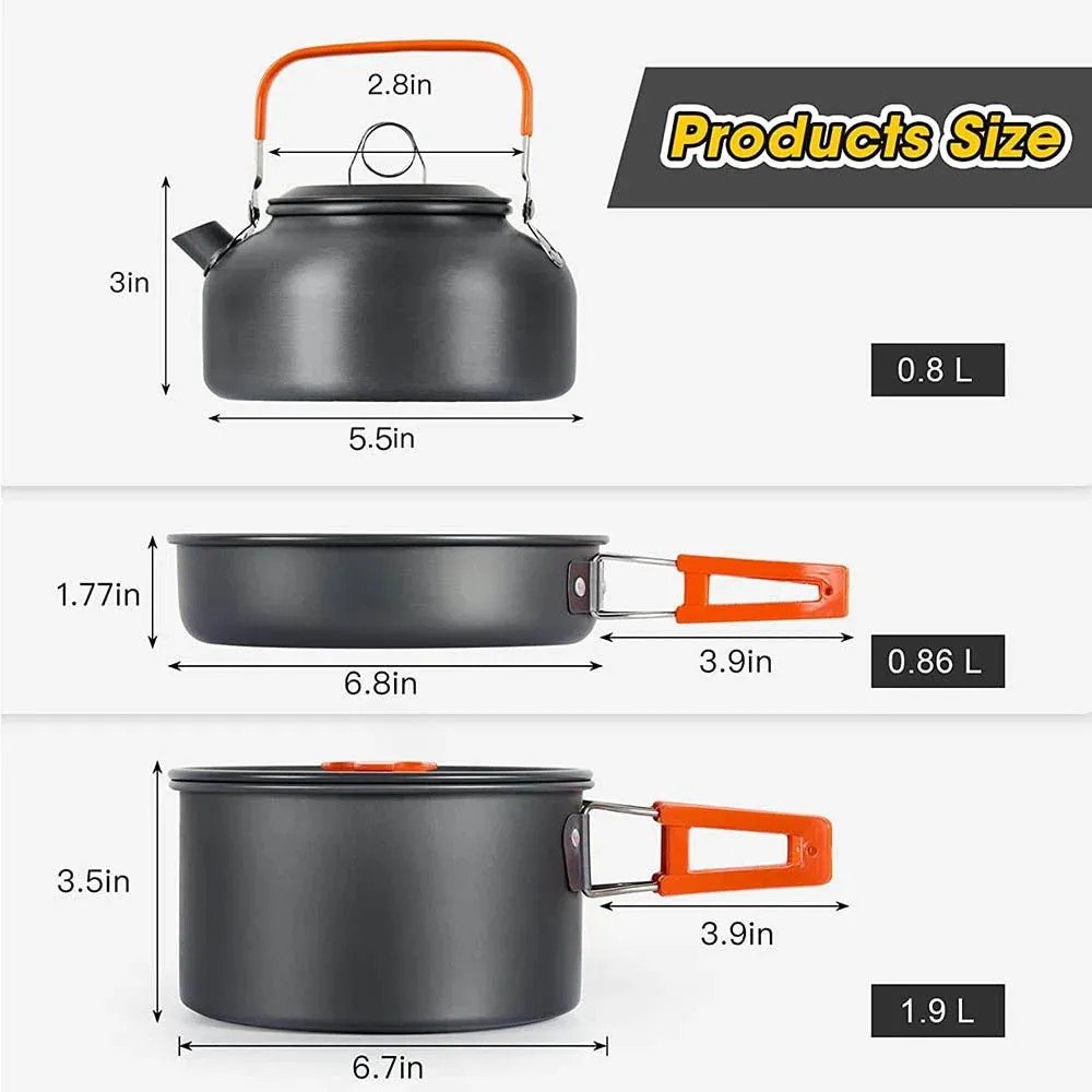 Camping Cookware Set – Non-Stick Pots, Pan & Teapot for 2-3 People, Assorted Set for Hunting