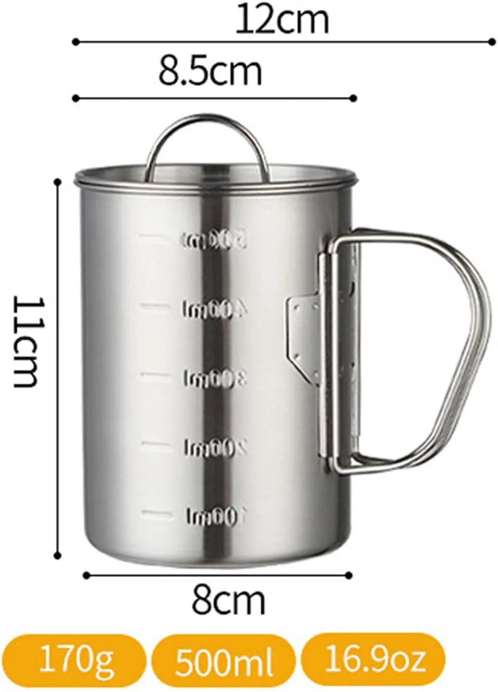 Camping Cup with Lid, Stainless Steel Water Cup Mug with Foldable Handles and Lid Portable Backpacking Mugs with Scale, for Outdoor Camping Hiking(500ml)