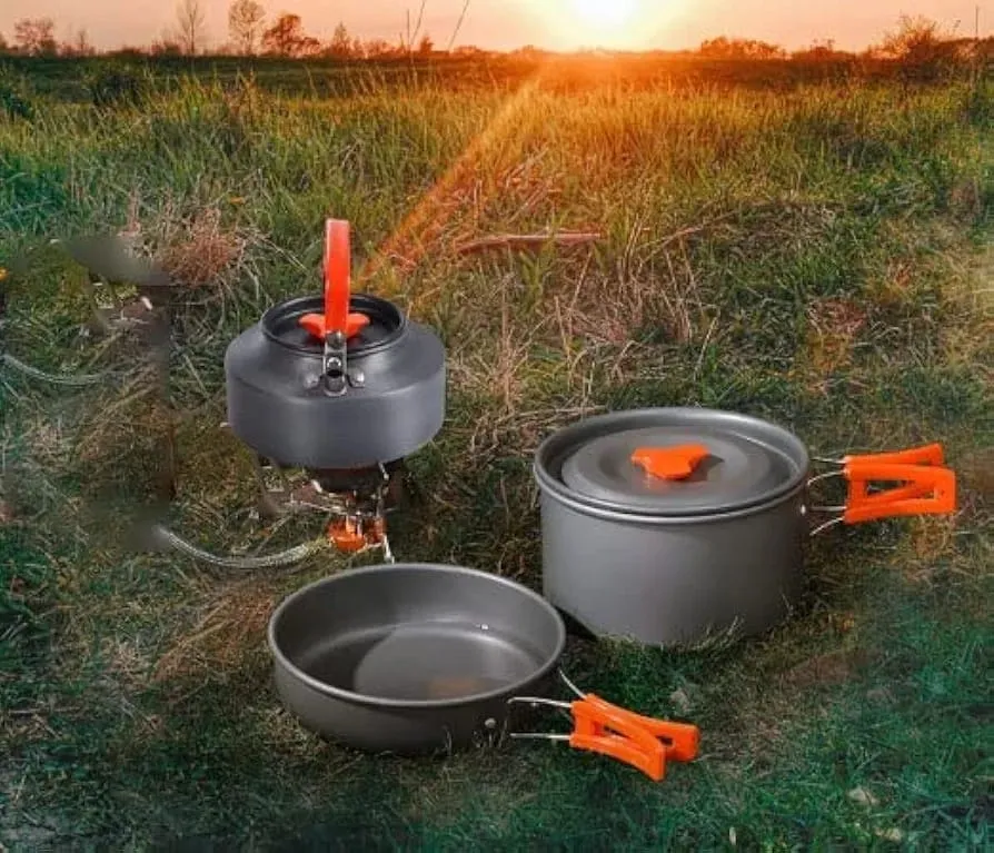 Camping Outdoor Cookware Set, Non-Stick Outdoor Folding Pot Pan  Kettle Kit