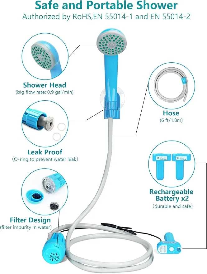 Camping Shower Portable Shower for Camping Outdoor Shower Camp Portable Shower Head Handheld Camping Shower Pump Powered by Upgraded Rechargeable Battery, 1 Year Warranty