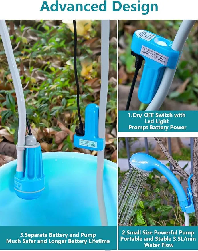 Camping Shower Portable Shower for Camping Outdoor Shower Camp Portable Shower Head Handheld Camping Shower Pump Powered by Upgraded Rechargeable Battery, 1 Year Warranty