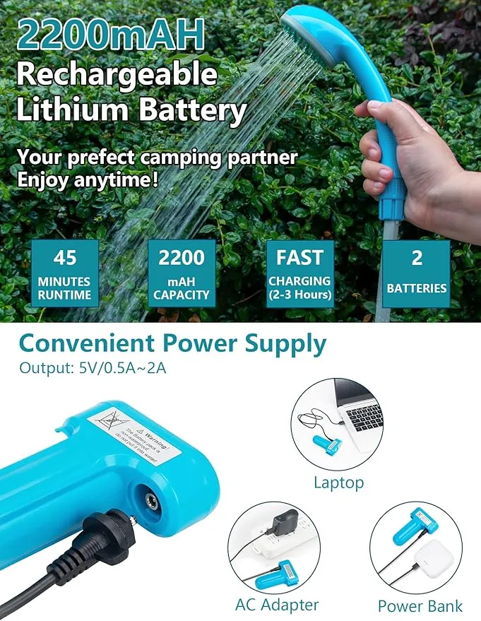 Camping Shower Portable Shower for Camping Outdoor Shower Camp Portable Shower Head Handheld Camping Shower Pump Powered by Upgraded Rechargeable Battery, 1 Year Warranty