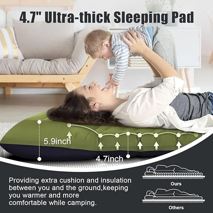 Camping Sleeping Pad, Extra Thickness 4.7 Inch Inflatable Sleeping Mat Lightweight Waterproof Camping with Built-in Pump Air Mattress for Backpacking, Hiking, Tent, Traveling