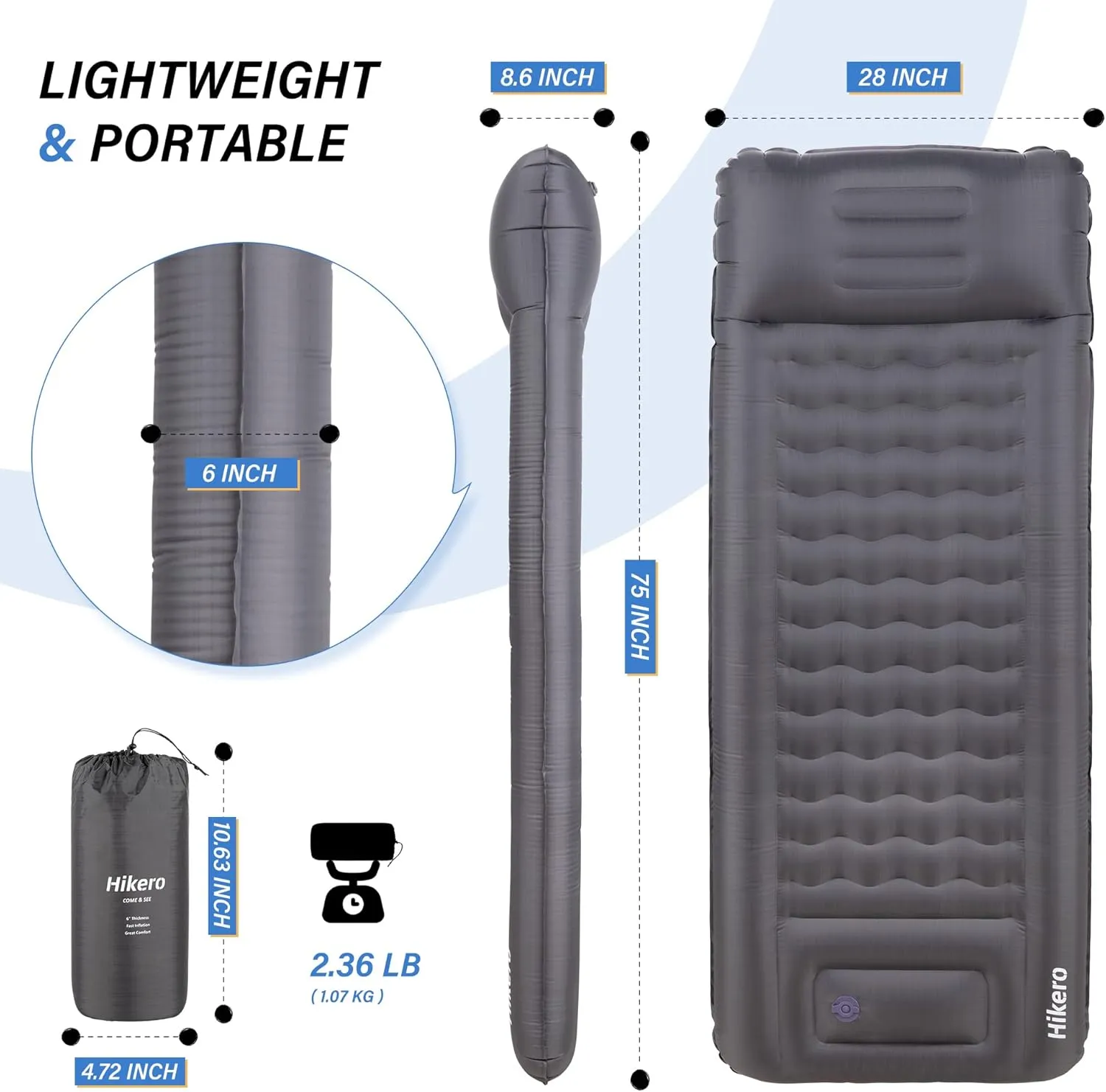 Camping Sleeping Pad, Ultra Thickness 6 Inch Inflatable Sleeping Mat with Built-in Foot Pump, Ultralight Camping Mattress for Backpacking, Hiking, Tent (Grey)