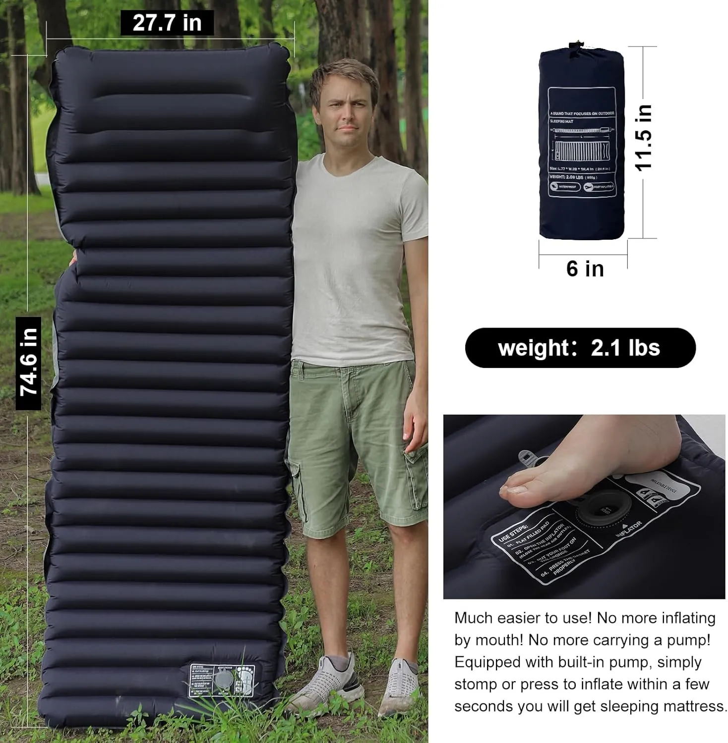 Camping Sleeping Pad Ultralight Camping Mat Air Mattress Built-in Pump Durable Waterproof Inflatable Compact Sleeping Mat for Outdoor Backpacking Hiking
