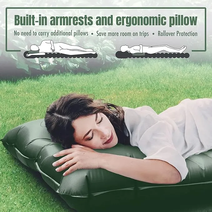 Camping Sleeping Pad w/Armrest & Pillow - 4 Inch Ultra-Thick Side Sleep Friendly - Rollover Protection - Ultralight Backpacking Air Mattress