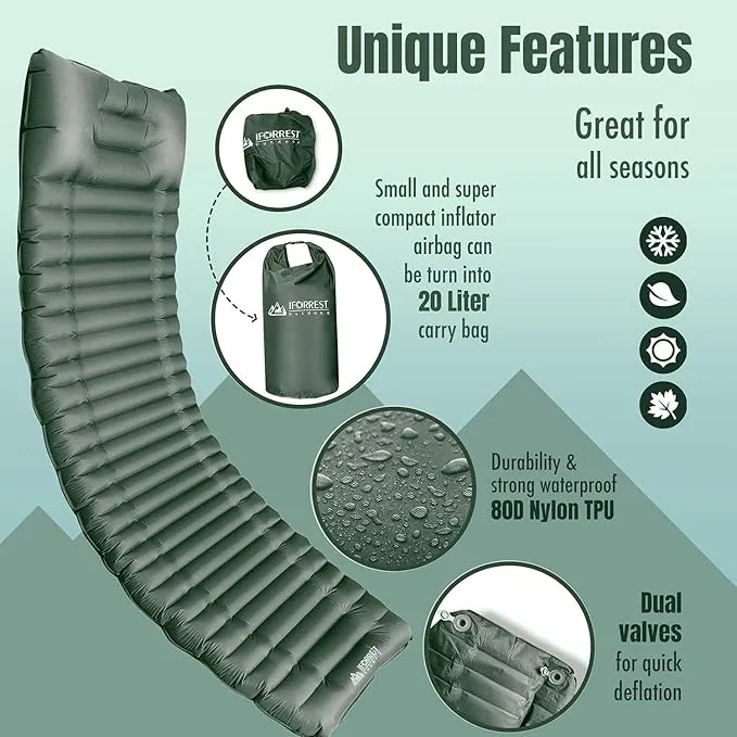 Camping Sleeping Pad w/Armrest & Pillow - 4 Inch Ultra-Thick Side Sleep Friendly - Rollover Protection - Ultralight Backpacking Air Mattress