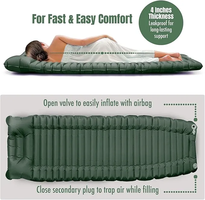 Camping Sleeping Pad w/Armrest & Pillow - 4 Inch Ultra-Thick Side Sleep Friendly - Rollover Protection - Ultralight Backpacking Air Mattress