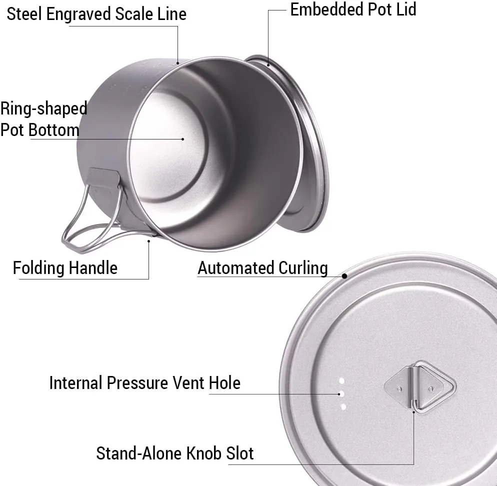 Camping Titanium Pot Backpacking Pot with Lid and Folding Handles for Outdoor Camping Hiking
