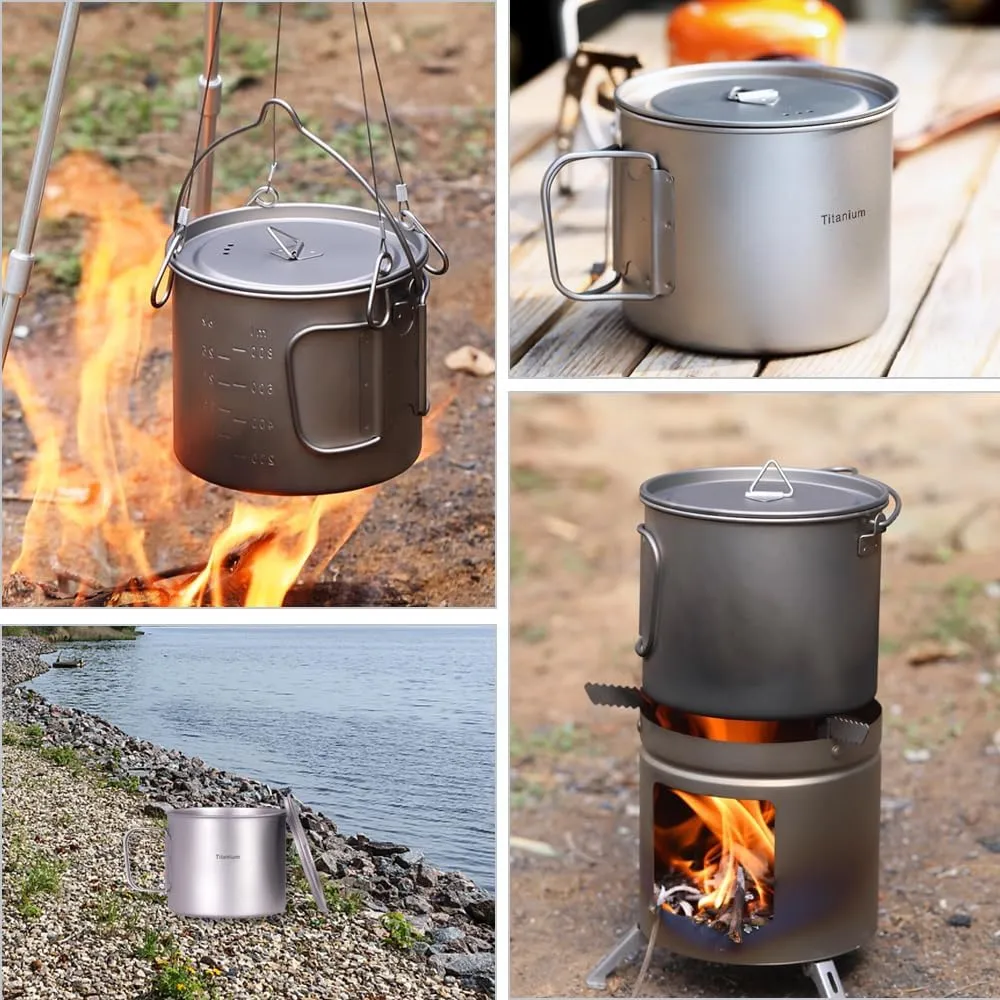 Camping Titanium Pot Backpacking Pot with Lid and Folding Handles for Outdoor Camping Hiking