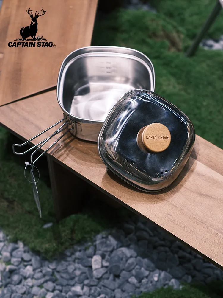 CAPTAIN STAG UH-4202 Square Pot With Lid Portable Foldable Lightweight 1.3L Stainless Steel Outdoor Camping Cookware Cooking Equipment Made in Japan